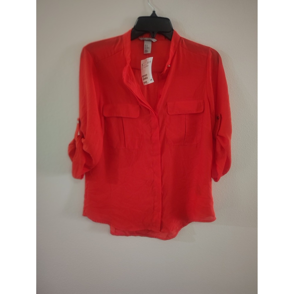 H&M Red Orange‎ Roll Tab Sleeve Button Up Blouse Top Size 10 NWT